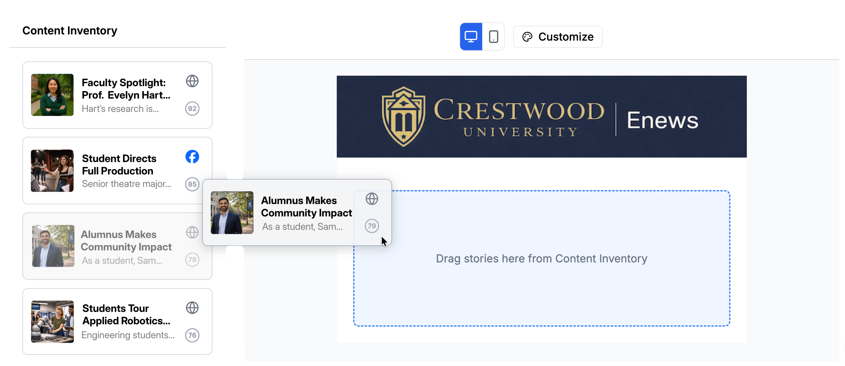 BrightNewsletter app showing newsletter editor with automated content layout
